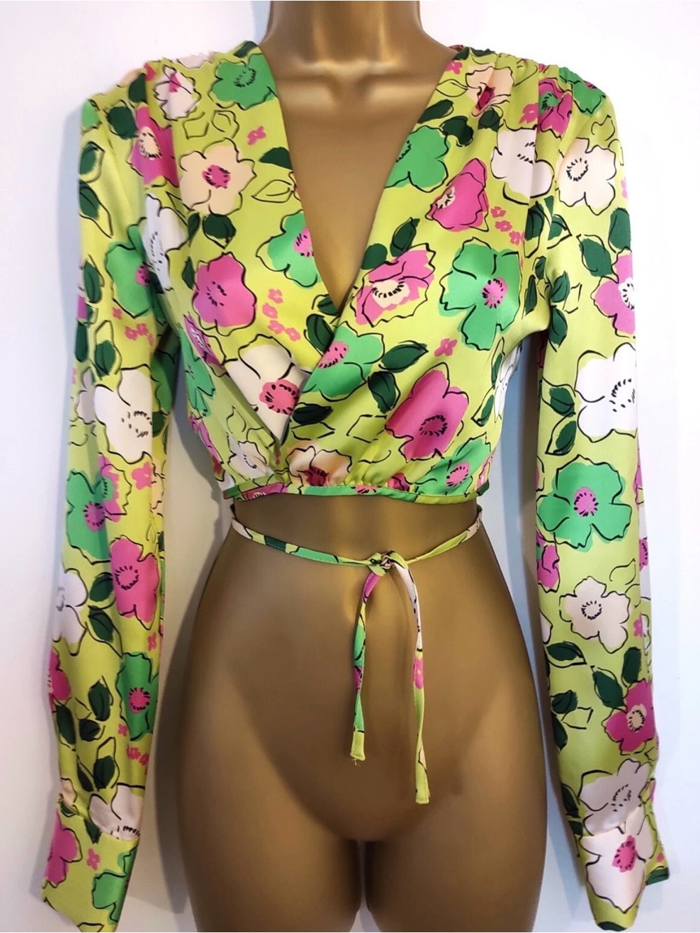 Zara Lime Green Floral Tie-Front Crop Top NWOT